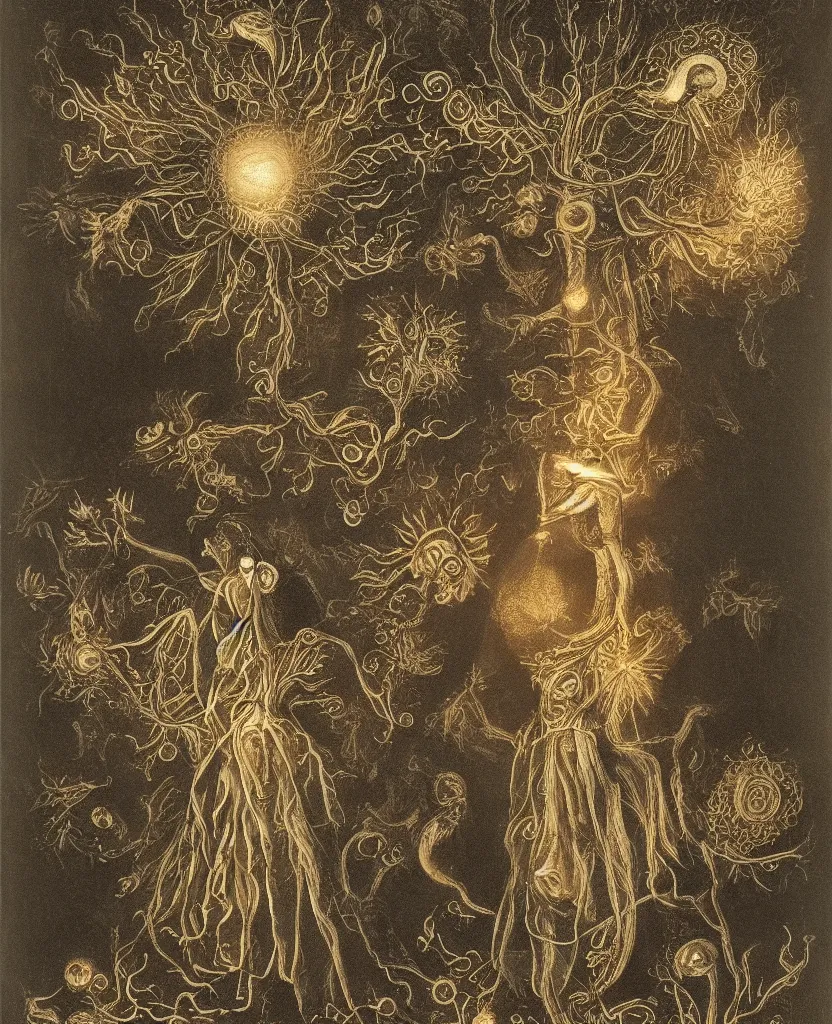 Image similar to whimsical freaky creature sings a unique canto about'as above so below'being ignited by the spirit of haeckel and robert fludd, breakthrough is iminent, glory be to the magic within