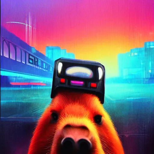 Prompt: capybara, oil painting, cyberpunk synthwave style, riding a motorcycle