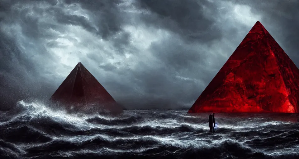 Image similar to black lovecraftian eldritch!! obsidian pyramid!! with a man standing on top of it on a snowy island, raging stormy seas, shadow of a creature in the background by eugene von guerard, ivan shishkin, night, red lightning!!, storm!, dramatic lighting, concept art, trending on artstation, 8 k