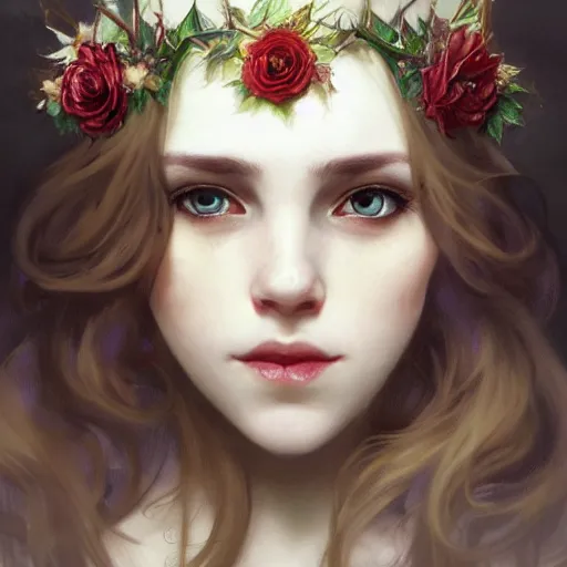 Prompt: portrait of beautiful vampire, flower crown, thorn frame!!!, headshot, pale skin, 4k, rule of thirds, extreme detail, detailed drawing, trending artstation, hd, fantasy, D&D, realistic lighting, by Alphonse Mucha, Greg Rutkowski