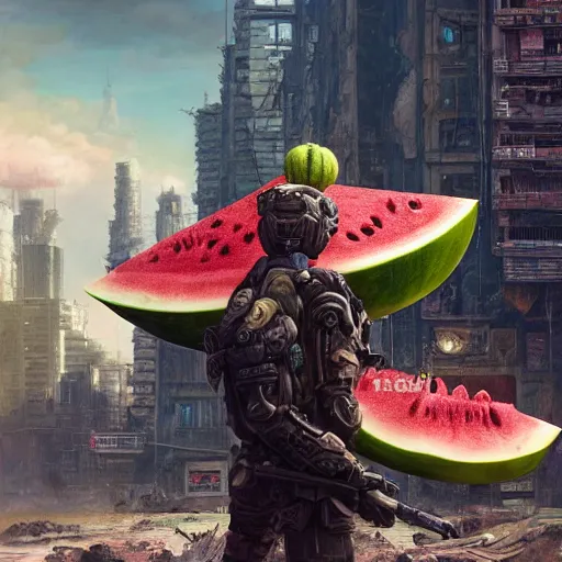 Image similar to Concept Digital Art Highly detailed giant Watermelon warlord protecting Ukrainian city by Stephen Hickman and Beeple. Very highly detailed 8K,Pentax 67, Kodak Portra 400 in style of Hiromasa Ogura Ghost in the Shell, the golden ratio, rational painting