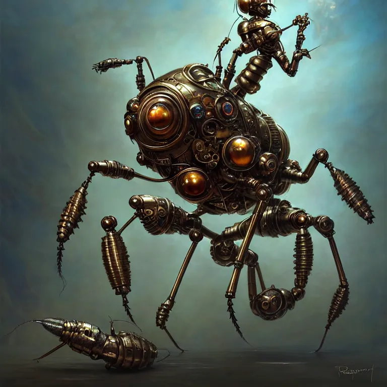 Prompt: steampunk robot ant, unreal engine realistic render, 8 k, micro detail, intricate, elegant, highly detailed, centered, digital painting, artstation, smooth, sharp focus, illustration, artgerm, tomasz alen kopera, peter mohrbacher, donato giancola, joseph christian leyendecker, wlop, boris vallejo