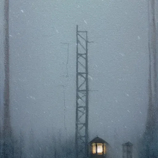 Image similar to painting by Quint Buchholz, atmospheric cozy sovietpunk 8 story tall communal housing in the middle of a severe russian forest at night, sodium lamp illumination, snow falling, night time, night sky, deep night sky, by Quint Buchholz