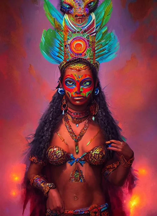 Image similar to aztec pepe goddess, vivid colors, war of colorss, dark shadows, contrast, concept art, sharp focus, digital art, Hyper-realistic, 4K, Unreal Engine, Highly Detailed, Dramatic Lighting, Beautiful, by Brom, bastien lecouffe-deharme