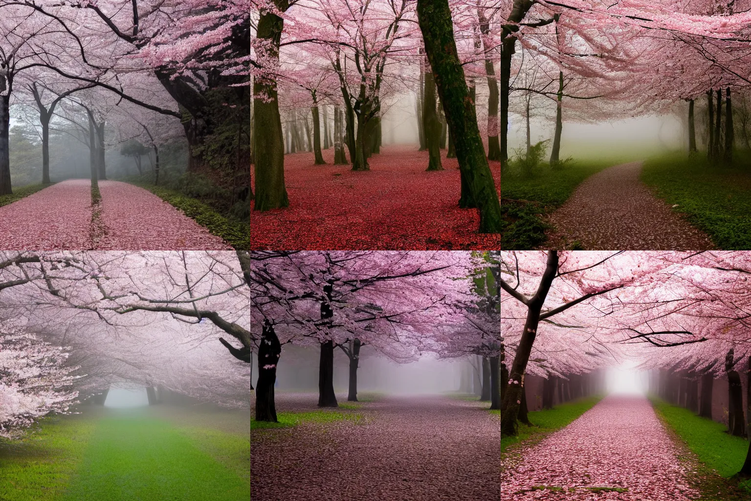 Prompt: A dense foggy forest with cherry blossom leaves on the ground, liminal, quiet