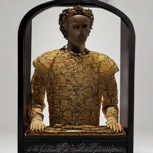 Prompt: a completely transparent glass cube in which the young handsome king's body has been perfectly preserved. he is dressed in all casual regal garments. his body is beautifully preserved and the display is magnficent. the display is in the darkness of the catacombs and is beautifully lit, he has natural color and is posed in a relaxed way.