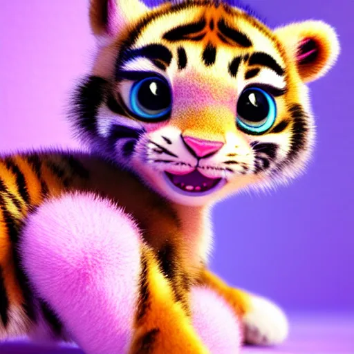 Prompt: a cute baby tiger cub, big eyes, soft fur texture, pastel colours, colorful, glitter crystals, cute, pixar animation style, detailed, soft light, octane render, 4 kb - w 6 4 0