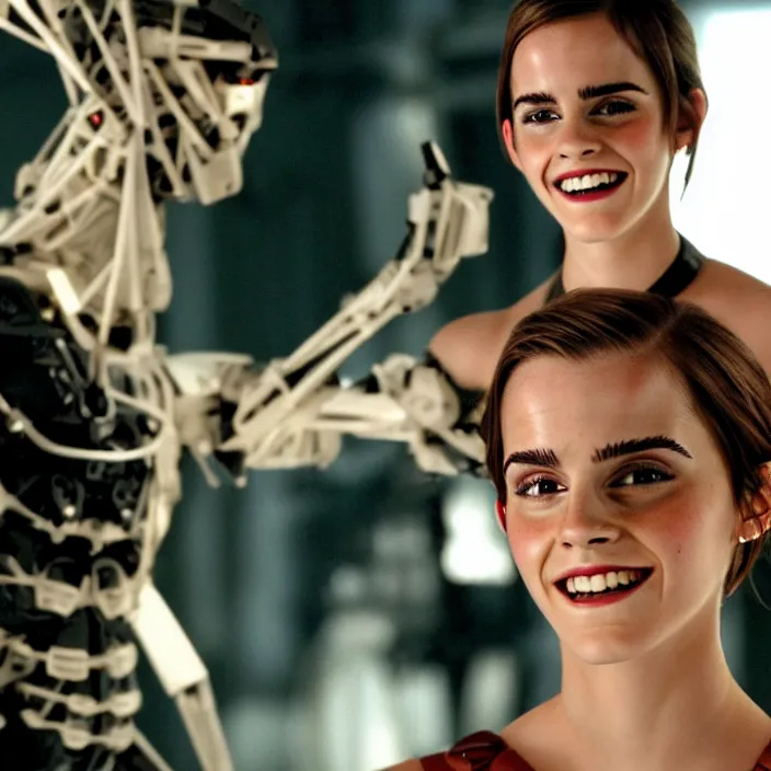 Image similar to Joyful! smiling Emma Watson wearing cyborg prosthetic, from The emperor's new groove (2000). Clear body. Light Clothes. Cinematic. Professional Photo. Low angle. 8k. Clear Face.