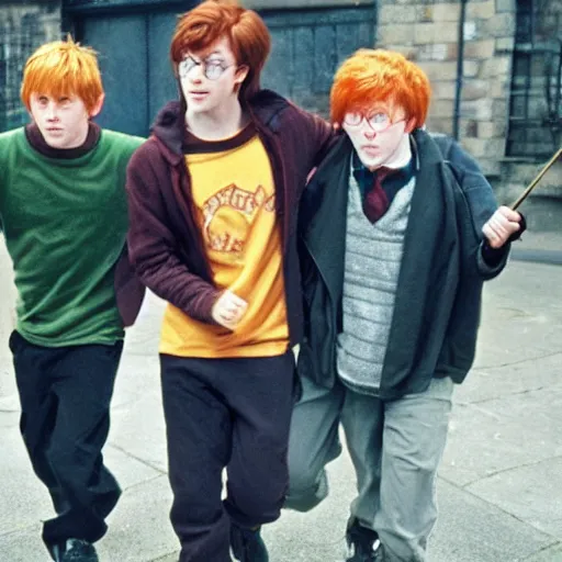 Image similar to harry potter and ron weasley as gang - members in the ghetto