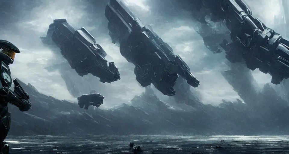 Image similar to a beautiful cinematic photograph by greg rutkowski and denis villeneuve and christopher nolan, halo