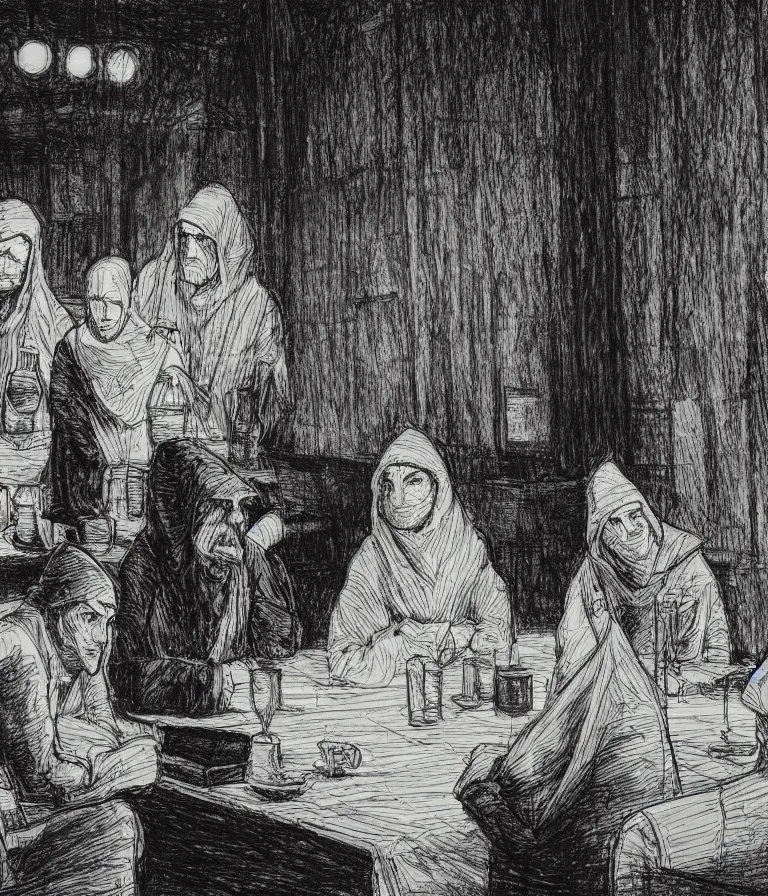 Prompt: scratchy black and white line art illustration of three cloaked figures plotting a heist in a byzantine cafe, by grimshaw, pollock, johan nohr, ultra wide angle, trending on artstation, rule of thirds, 4 k