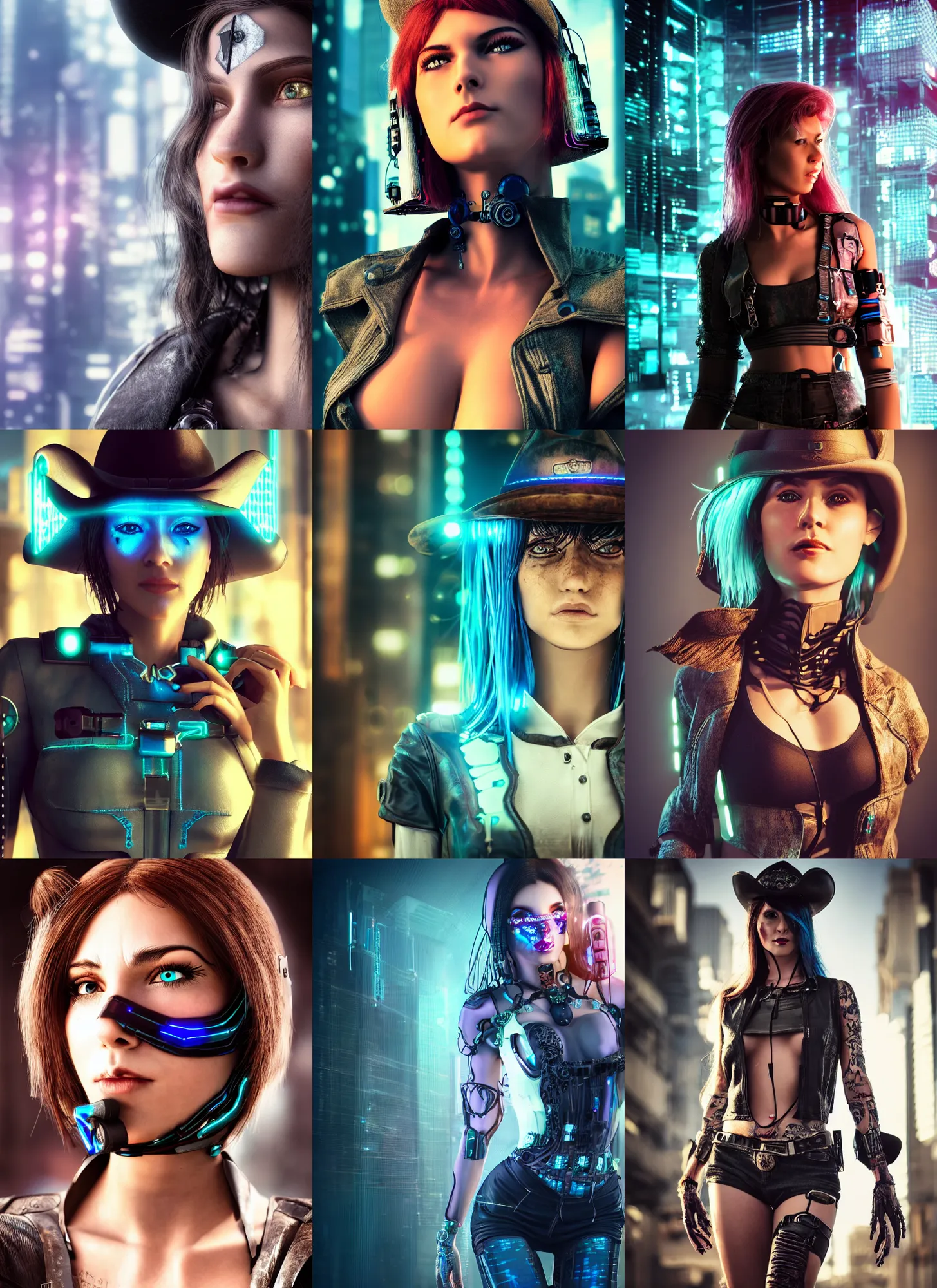 Image similar to full body realistic photograph of a cyberpunk cowgirl beautiful face, intricate clothing, 4 k, cinematic