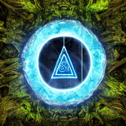 Prompt: a stargate made of stone with embedded blue glowing runes in the middle of a green forest with a beam of light