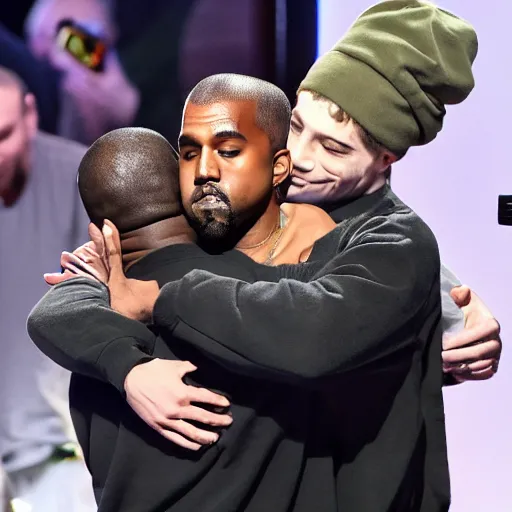 Image similar to kanye west hugging pete davidson, making up, friendly vibes