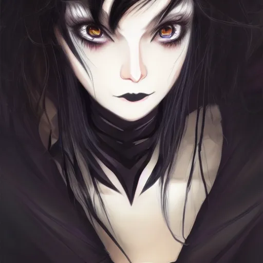 Image similar to front-facing headshot of a young gothic anime woman with black hair and golden highlights, wearing pretty makeup, drawn by WLOP, anime portrait, trending on artstation