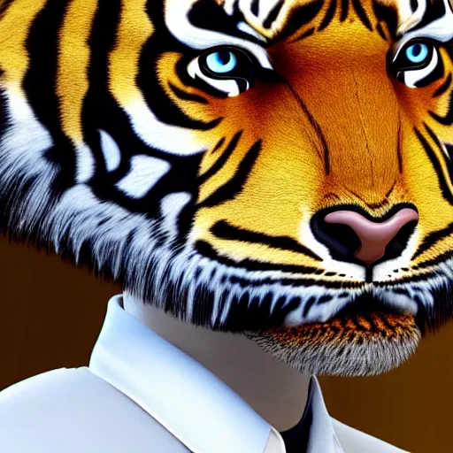 Prompt: a scientist man with a tiger head and a white blouse, ultra detail, ultra realistic, unreal engine, 8 k