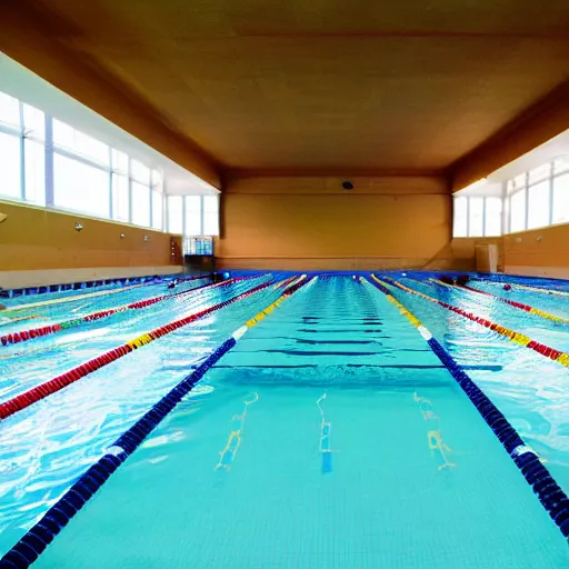 Prompt: A photograph of a YMCA swimming pool, poor quality, nostalgic, liminal space