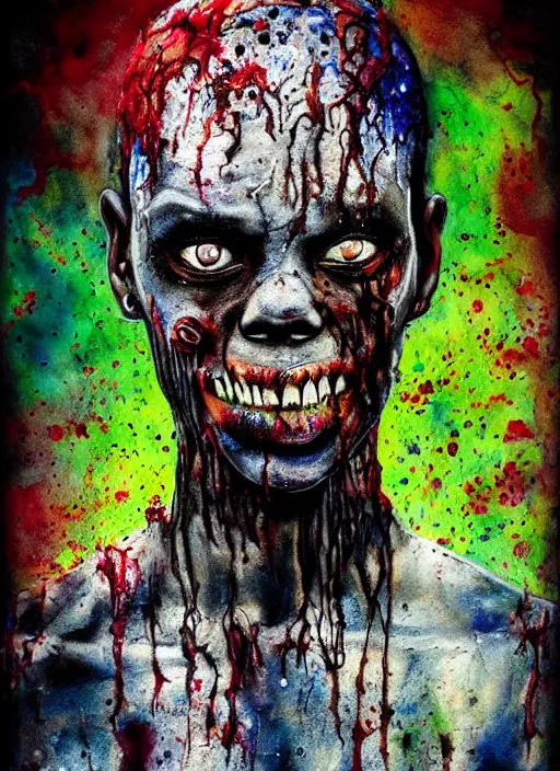 Prompt: african american zombie hollywood artwork professional acting headshot, hyperrealism, intricate detail, studio lighting, charming expression gesicht, hauntingly beautiful zombie, watercolor art, epic, legendary, drawn and painted, colored layers, dulled contrast, exquisite fine art, splatterpaint