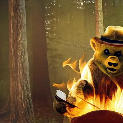 Prompt: candid photo of Smokey The Bear in the bathroom sitting on a porcelain throne, playing with fire, by Annie leibowitz, photorealisitc, extremely detailed