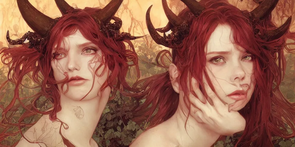 Image similar to posessed, sould demons a beautiful illustration of a witch with horns in head, young cindy crowford, redhead, intricate, sharp focus, illustration, highly detailed, digital painting, concept art, matte, art by wlop and artgerm and greg rutkowski and alphonse mucha, masterpiece