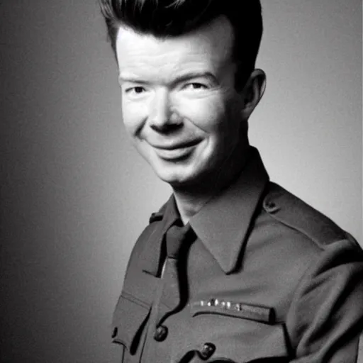 Image similar to Rick Astley as a soldier during WW2, grainy monocolour photo