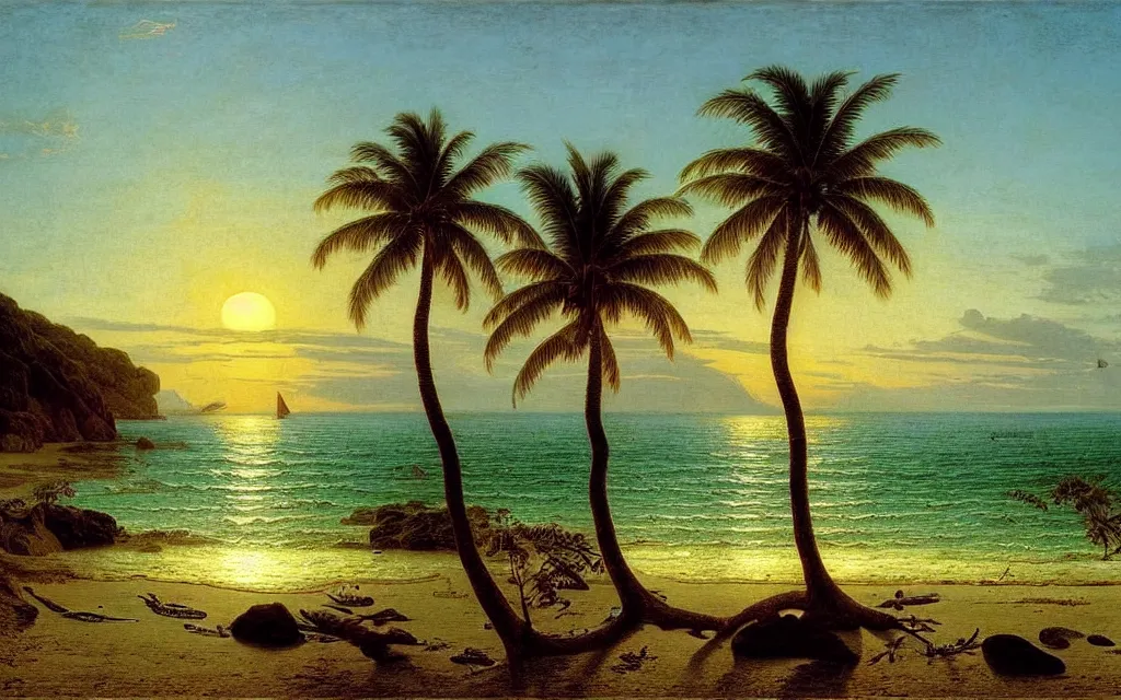 Prompt: a beautiful view of a tropical beach, clear seas, the sun is setting in the background, magical, stunning, art by caspar david friedrich and asher brown durand, intricate details, trending on artstationhq
