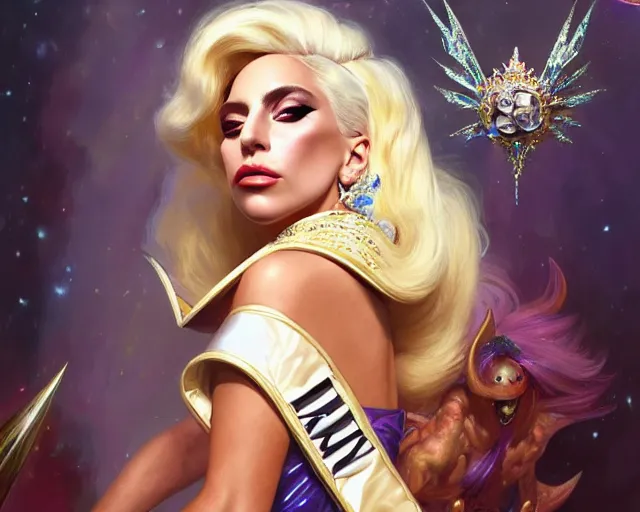 Image similar to lady gaga as miss universe, 8 k, deep focus, d & d, fantasy, intricate, elegant, highly detailed, digital painting, artstation, concept art, matte, sharp focus, illustration, hearthstone, art by artgerm and greg rutkowski and alphonse mucha