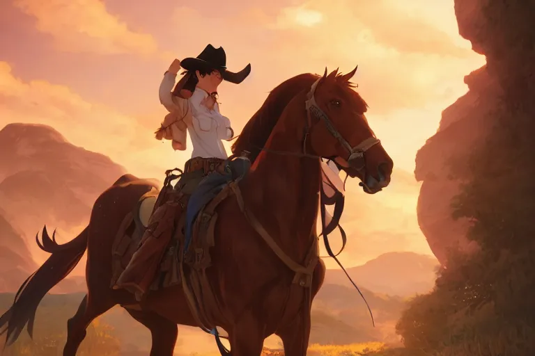 Image similar to western cowgirl, single subject, scenic full shot, ambient lighting, detailed face, by makoto shinkai, stanley artgerm lau, wlop, rossdraws