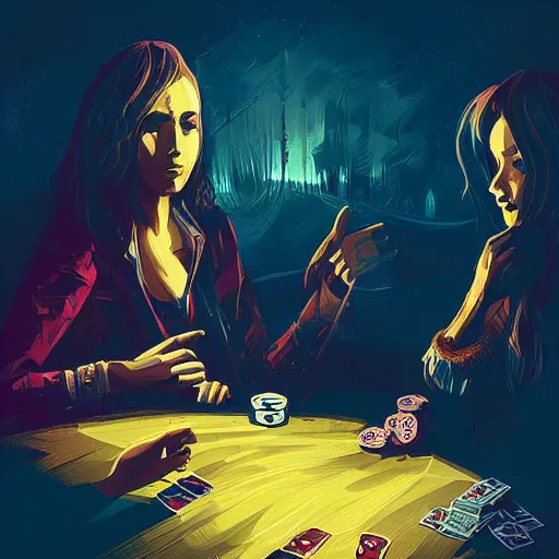 Image similar to detailed illustration of a poker card game by alena aenami and annato finnstark