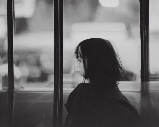 Image similar to lomo photo of shy goth girl sitting in empty bus, sunset, cinestill, bokeh