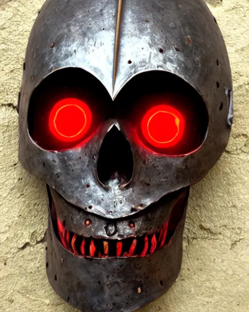 Image similar to medieval helmet in the shape of a demon skull with glowing red eyes,