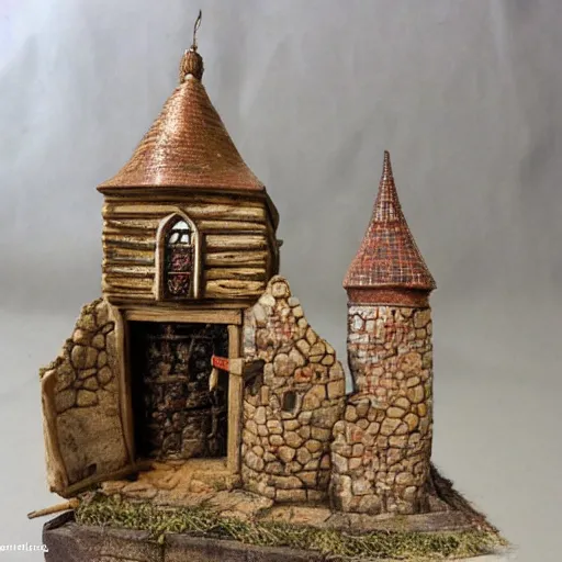 Prompt: miniature highly detailed medieval city in an an ancient alchemist bottle