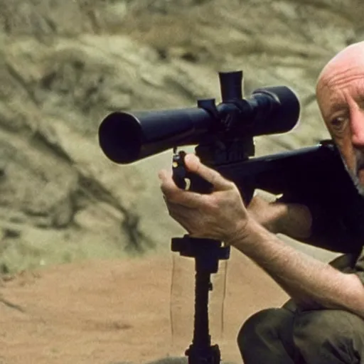 Prompt: A film still of Mike Ehrmantraut aiming a !!!sniper rifle!!!, 4k, !!highly detailed!!