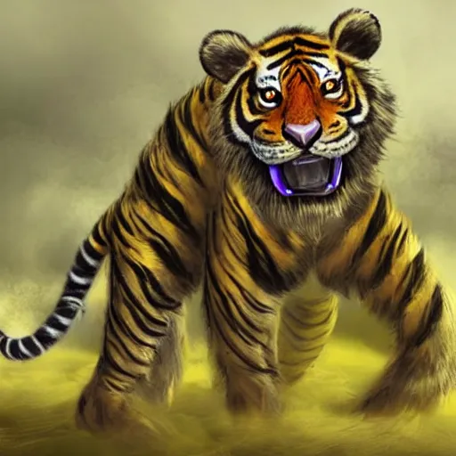 Image similar to !dream a humanoid tiger like creature with grey fur in full body armor, force fields on the armor, yellow eyes, and grey fur with teeth that protrude past their lower jaw holding rifles