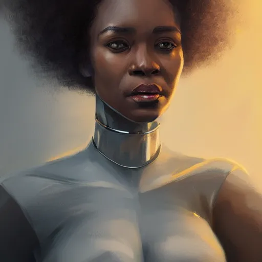 Image similar to Portrait of a woman by Greg Rutkowski, she is about 30 years old, mulato, afro hair, attractive and beautiful, wifey material, she is wearing a futuristic lawyer outfit, highly detailed portrait, scifi, digital painting, artstation, concept art, smooth, sharp foccus ilustration, Artstation HQ