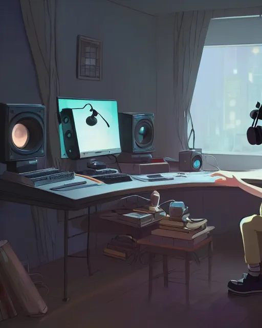 Image similar to man with headphones at his home studio producing music late at night, very detailed, 4 k, cory loftis, james gilleard, atey ghailan, makoto shinkai, goro fujita, studio ghibli, rim light, exquisite lighting, clear focus, very coherent