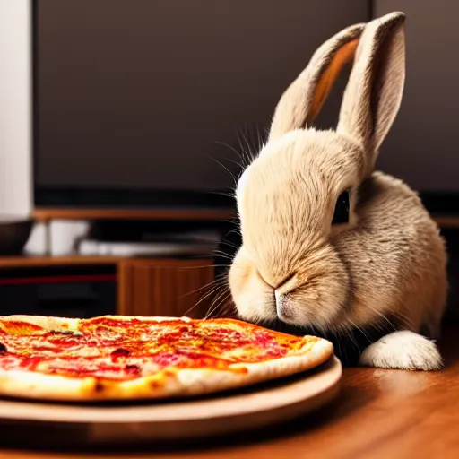 Image similar to A lop rabbit eating pizza while watching tv