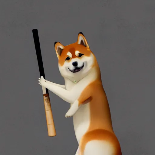 Prompt: shiba inu holding a baseball bat on his hand, police outfit, cinematic lightning, 4 k, ultra detailed, trending on artstation, anime, masterpiece, digital art.