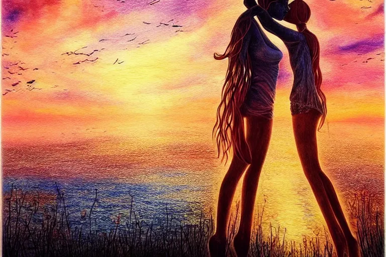 Prompt: girl kiss, fantasy, pen painting, ultra realistic!!!, hdr, clear weather, golden hour, sharp focus