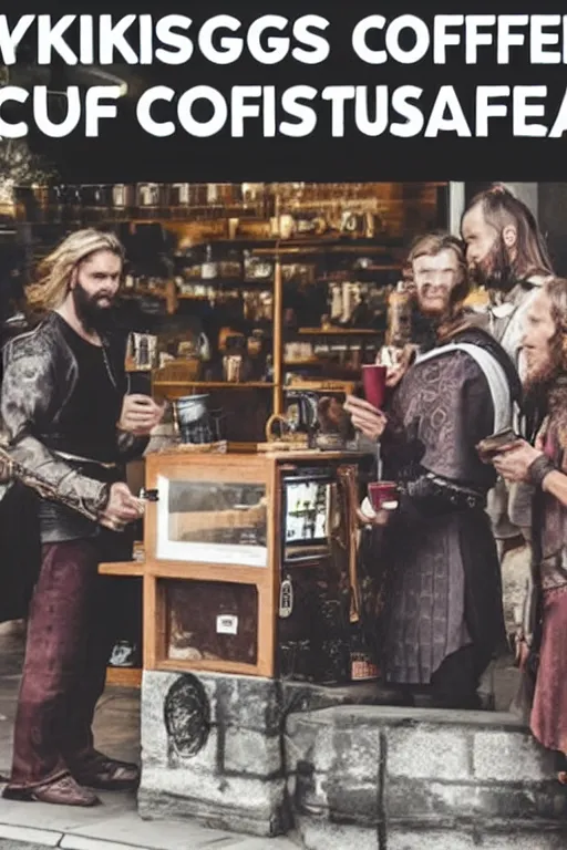 Image similar to vikings in modern city try to buy coffee in starbucks