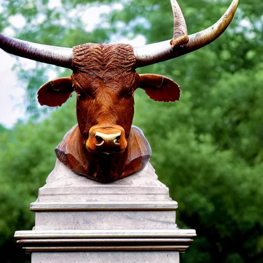 Image similar to professional color photograph of a patinated bronze portrait bust of an angry Texas Longhorn bull supported by a bronze plinth, by Auguste Rodin
