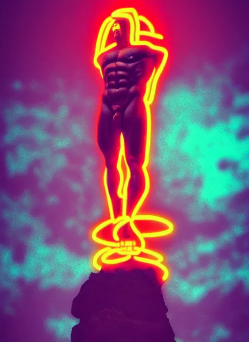 Prompt: statue of hercules looking angry, beeple, vaporwave, retrowave, black background, neon, black, glitch, strong contrast, neon wiring, cuts, pinterest, trending on artstation