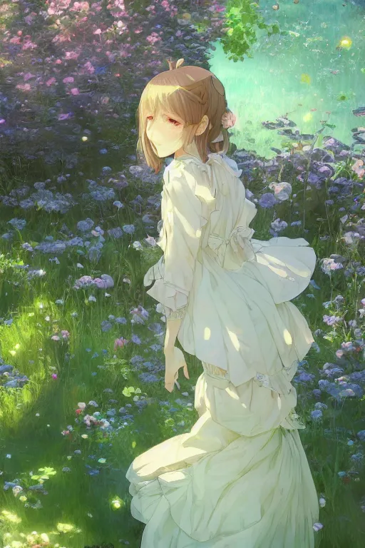 Image similar to a depressed digital art, loli in dress, garden, green and warm theme, blue accents, back lighting, highly detailed, 4 k resolution, trending on art station, by krenz cushart and mucha and akihito yoshida and greg rutkowski and makoto shinkai