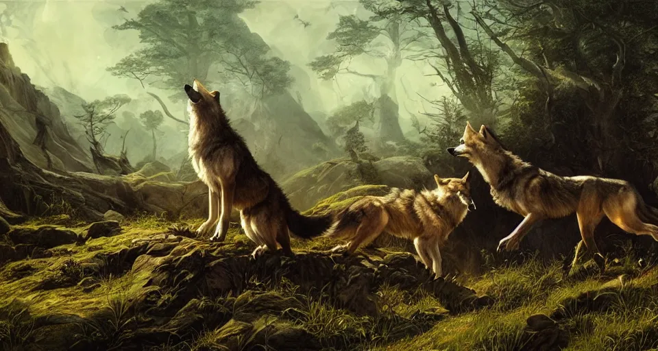Prompt: wolves and their treasures. fantasy style, trending on artstation, illustration, digital painting, highly detailed render by david caspar friedrich and george stubbs