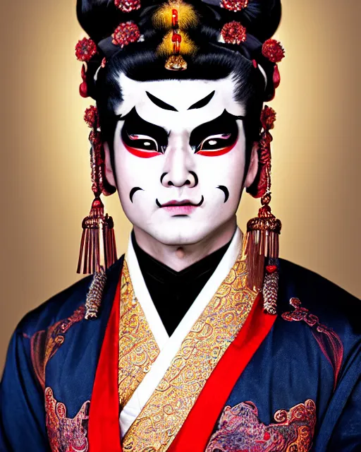 Prompt: photo of a Dramatic Peking Opera male character wearing elaborate makeup with Sanskrit devanagari script words painted on face in the style of stefan kostic, realistic, sharp focus, symmetric, 8k high definition, insanely detailed, intricate, elegant, art by stanley lau and artgerm, William-Adolphe Bouguereau