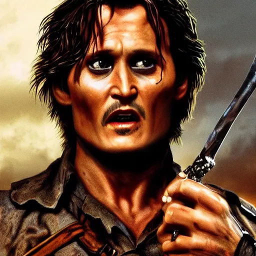 Prompt: Johnney Depp as Ash William's in Army of darkness, HD, high resolution, hyper realistic, 4k, intricate detail