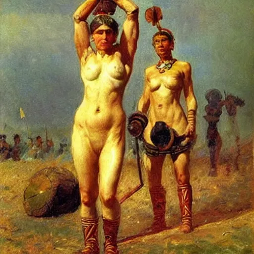 Image similar to muscular warrior women, reply of the zaporozhian cossacks, warrior women, art by ilya repin