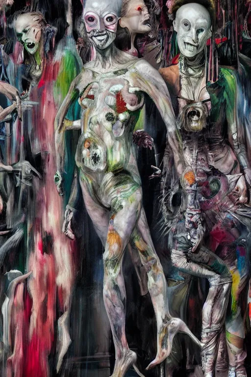 Image similar to crazy fashion catwalk, freak show, crazy clothes, biopunk style, horror, hauntingly surreal, highly detailed painting by francis bacon, edward hopper, adrian ghenie, gerhard richter, and james jean soft light 4 k,