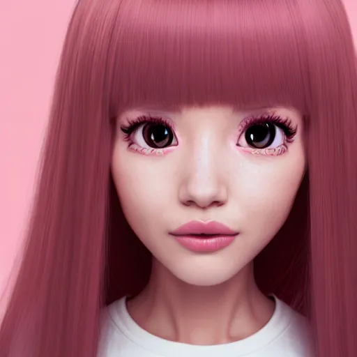 Image similar to A portrait of Nikki from Shining Nikki and Love, a cute 3d cgi toon young woman with long light pink hair, full bangs, hazel eyes, full face, light makeup, pale skin, Chinese heritage, cute outfit, medium shot, mid-shot, hyperdetailed, 8k, trending on artstation, as a Pixar character