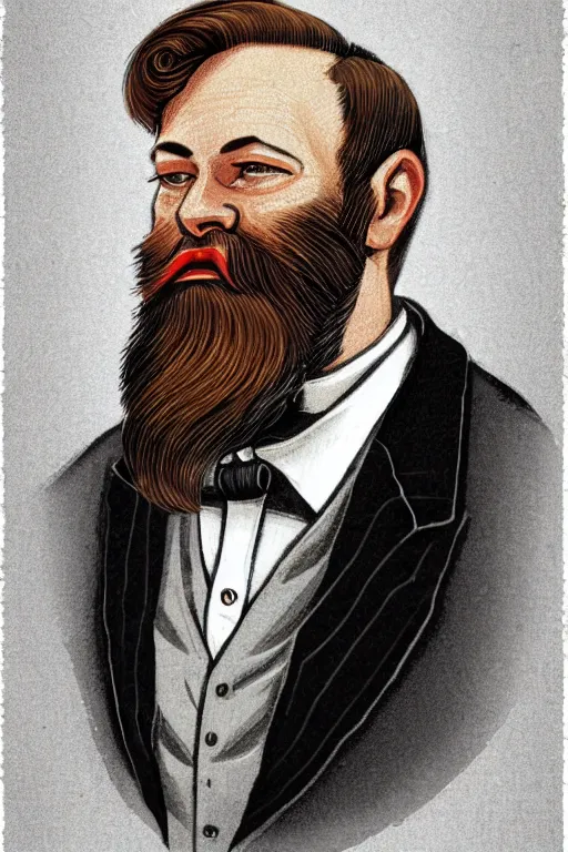 Image similar to an illustration of a portrait of a respectable dignified 1 9 3 0's era mennonite preacher with kind eyes and trimmed red beard and conservative haircut in the style of art - deco artwork art by kyle ferrin and loish!, digital art, highly detailed, intricate, sharp focus, trending on artstation hq, deviantart, 4 k uhd image